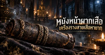 ตะกรุดหนังหน้าผากเสือ เครื่องรางสายเสือโบราณ วางบนผ้าคลุมสีเข้มในบรรยากาศวัดยามค่ำคืน